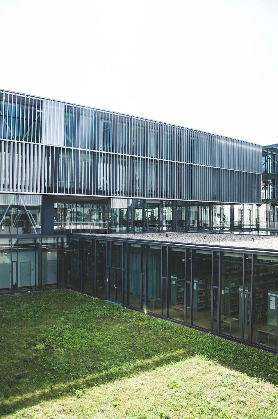 Nowoczesny budynek z bibliotecznymi półkami za szkłem z widokiem na trawiasty dziedziniec.